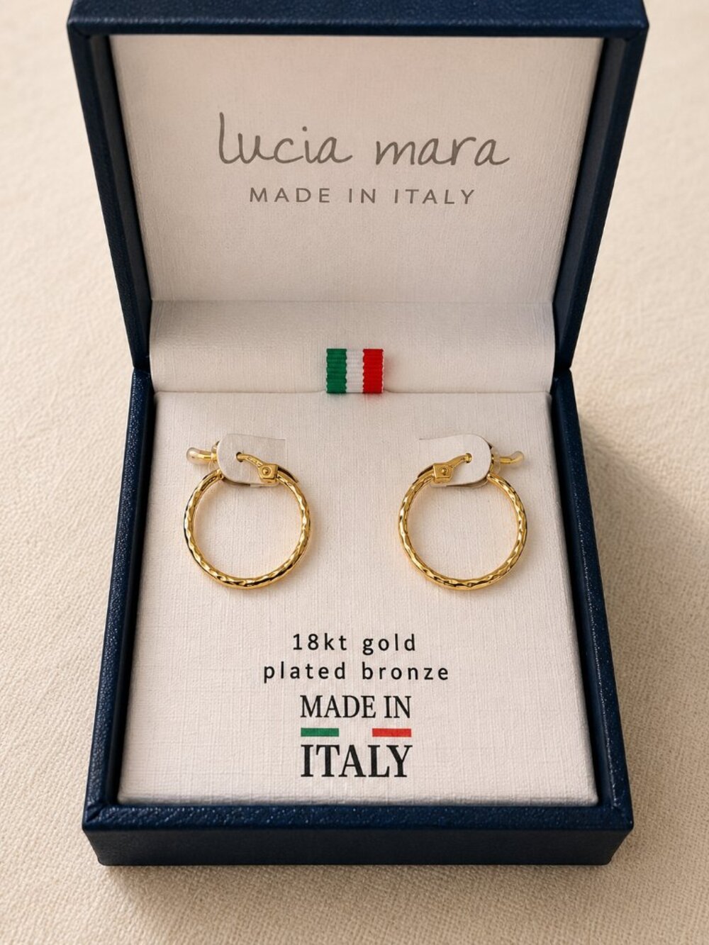 Lucia Mara 18KT Gold Plated Bronze Hoop Earrings Made in Italy NIB